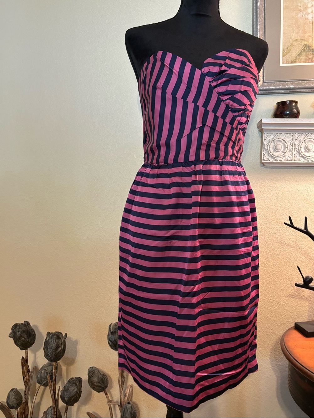 Anthropologie Maeve Strapless Pink & Navy Striped Ruched Bodice Dress